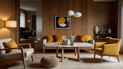 Here's a possible  and keyword list for your stock photo.. Modern living room with wooden wall, beige sofa, yellow armchairs, and round coffee table.