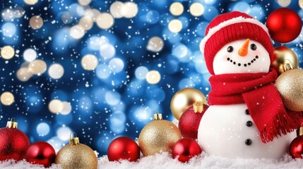 Fototapeta premium Festive snowman with red scarf and christmas ornaments in snowy winter wonderland