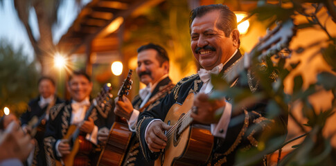 Mariachi Mexican musician band play during festive event on Mexican street in traditional costume