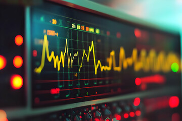 A striking audio waveform glows with colorful lights in the bustling sound studio at midnight