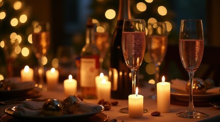 Festive dinner table setting with champagne glasses, candles, and warm bokeh lights, creating an elegant holiday atmosphere