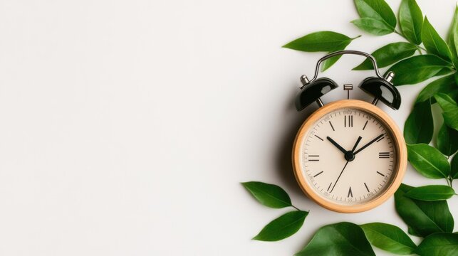 Wooden alarm clock with green leaves on white background