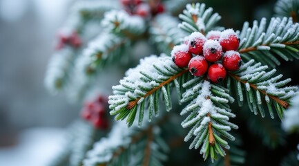 Snow-covered pine branches adorned with red berries in a tranquil winter forest