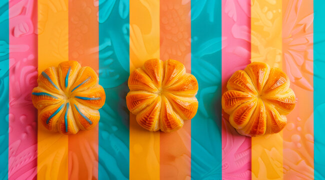 Mexican sweet pastries concha puerquito ojo de buey on a colorful background