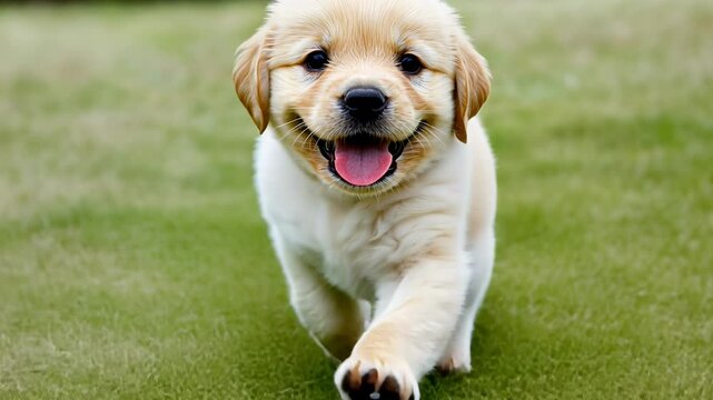 Playful Golden Retriever Puppy Enjoys Time Outdoors, Exploring the Grass in a Sunny Park