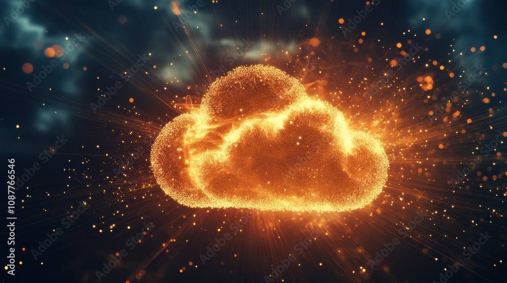 Poster The glowing cloud icon radiates vibrant light particles, creating a captivating visual experience against a dark atmospheric backdrop. Generative AI