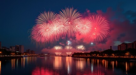 Fototapeta premium Vibrant red fireworks lighting up a night city skyline during new year celebrations