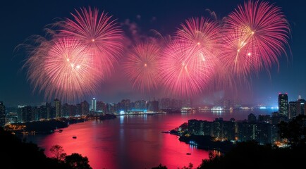Vibrant red fireworks lighting up a night city skyline during new year celebrations