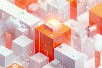 Fototapeta premium Abstract geometric cityscape with orange and white blocks, representing modern technology and innovation A dynamic, digital atmosphere with a soft background