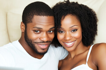 Smiling african young adult couple relaxing together indoors
