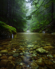 "A peaceful forest stream with crystal-clear water flowing gently through the woods, surrounded by lush greenery, offering a serene escape into nature's beauty for relaxation and contemplation."


