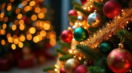 Festive Christmas tree adorned with colorful ornaments and sparkling lights creates a warm holiday atmosphere