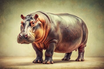 Obraz premium Vintage Style Photography of a Hippo Isolated on a White Background, Perfect for Nature and Wildlife Enthusiasts, Ideal for Educational and Creative Projects