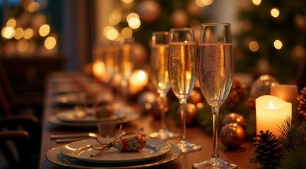 Elegant holiday table setting with champagne flutes, flickering candles, and festive decorations, creating a warm, celebratory atmosphere