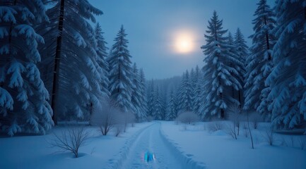 Naklejka premium A peaceful snowy path illuminated by the full moon, surrounded by bare winter trees in a tranquil setting