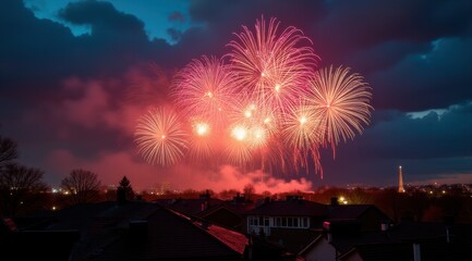 Vibrant red fireworks lighting up a night city skyline during new year celebrations