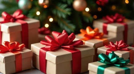 Obraz premium Festive gift boxes with colorful ribbons are beautifully arranged in front of a Christmas tree adorned with glowing lights and ornaments