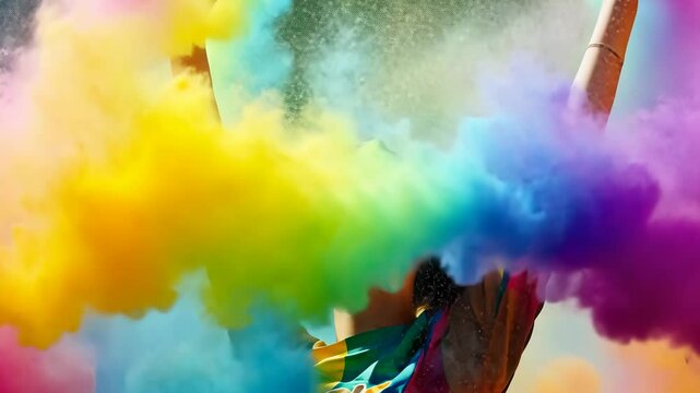 Vertical collage of happy american girl stand back rainbow fire olympic games lgbt sign sport contest isolated on painted background 4K Video