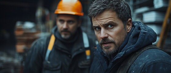 Fototapeta premium Two men in work attire, one with a helmet, in a construction or industrial setting.