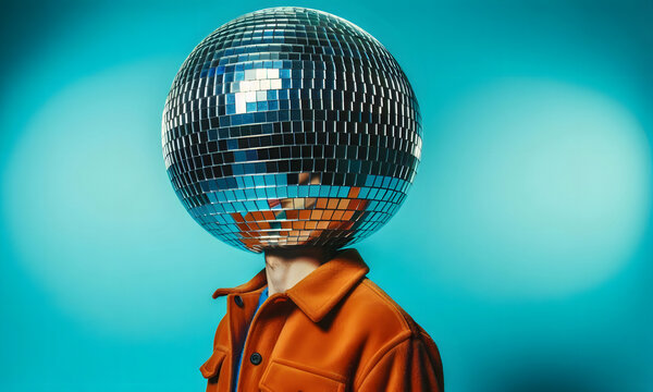 Ein Mann mit Hemd und einer Discokugel auf dem Kopf, Schlagerfan, blauer Hintergrund mit copy space
