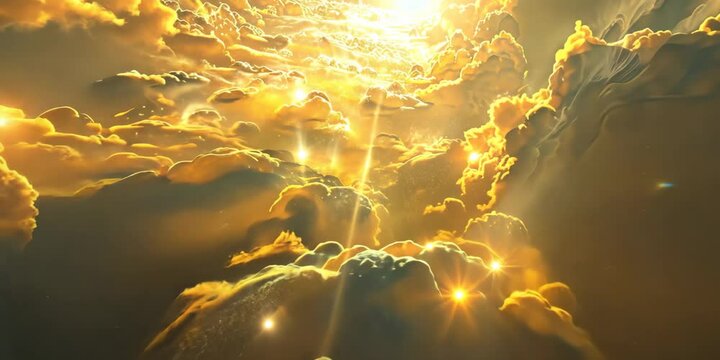 Celestial realm of seraphic beings amidst shimmering clouds and golden light, 4K Video