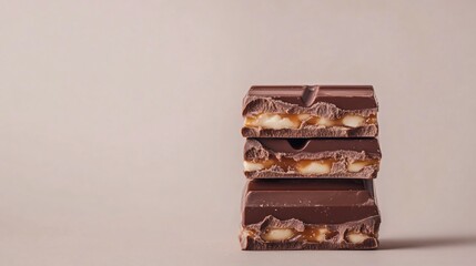 A layered chocolate bar with visible caramel and nougat, isolated on a neutral background with bite marks