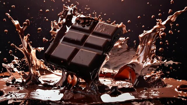 A chocolate bar in a splash of liquid chocolate