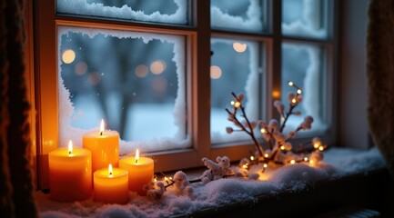 Lit candles on a snowy windowsill with frost and a cozy glow during a winter evening