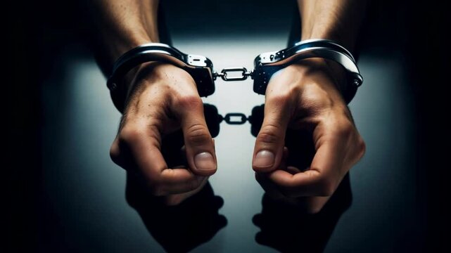 Close-up view of a person's hands cuffed together