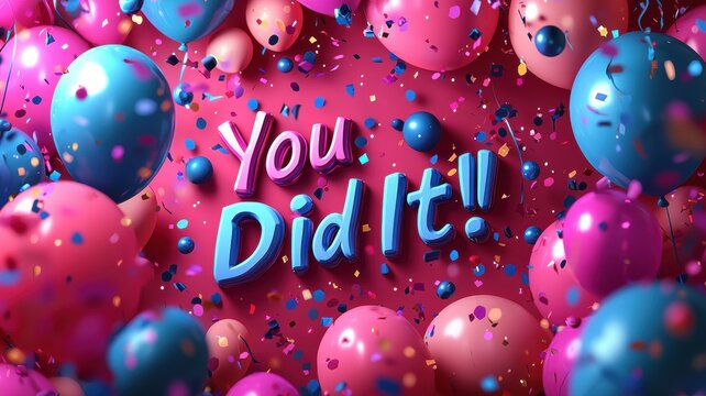 Cheerful celebration event with 'you did it' message festive background colorful environment playful viewpoint for joyful occasions