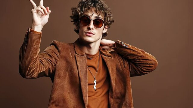 portrait of pretty young male show v-sign wear trendy brown outfit 4K Video
