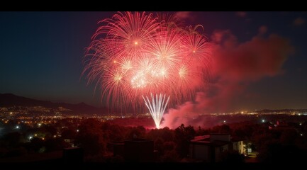 Vibrant red fireworks lighting up a night city skyline during new year celebrations