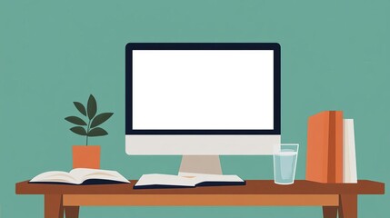 Modern Workspace  Desk Setup with Computer  Books  and Plant