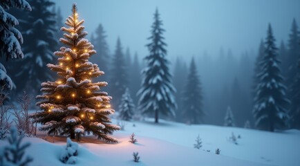 Obraz premium Lone decorated Christmas tree glowing in a snowy field surrounded by winter pines