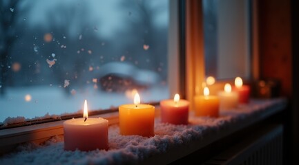 Lit candles on a snowy windowsill with frost and a cozy glow during a winter evening