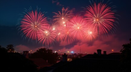 Vibrant red fireworks lighting up a night city skyline during new year celebrations