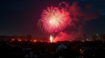 Vibrant red fireworks lighting up a night city skyline during new year celebrations