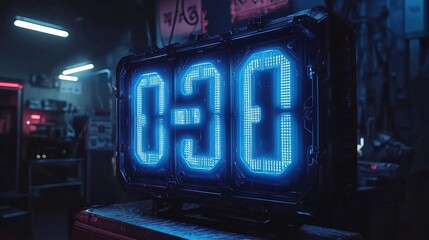 A digital countdown timer displaying 030 in a dimly lit, high-tech environment.