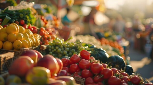 Defocused shot of a charming outdoor market abundant with fresh fruits and vegetables.