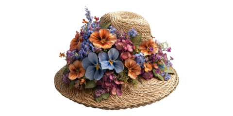 Floral Straw Hat Decorated with Vibrant Flowers Isolated on Transparent Background.