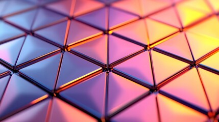 Abstract background of repeating metallic triangles with a gradient of red, purple, and yellow light.