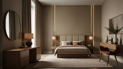 Modern minimalist bedroom with neutral tones, wooden furniture, and a large round mirror.