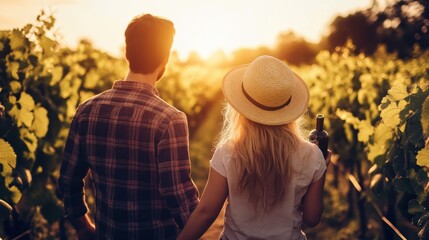 A couple walking hand in hand through a vineyard during harvest season, carrying baskets of freshly picked grapes, surrounded by golden light and rows of vines at sunset