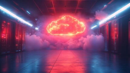 A futuristic scene featuring a glowing cloud symbol amidst a high-tech environment.