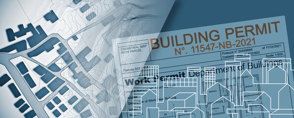 Building Permit concept through an imaginary cadastral map and urban development plans - Building...