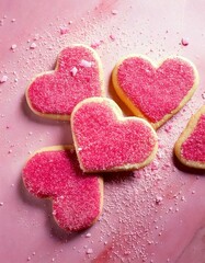 Obraz premium Stamped Heart Cut-Out Cookies with Pink Sugar on a Pink Marble Background