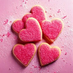 Fototapeta premium Stamped Heart Cut-Out Cookies with Pink Sugar on a Pink Marble Background