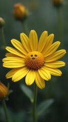 Obraz premium A single chamomile flower with a detailed human-like face in the center of the yellow petals. The face has a joyful, smiling expression, with a well-defined nose, eyes, and mouth. 