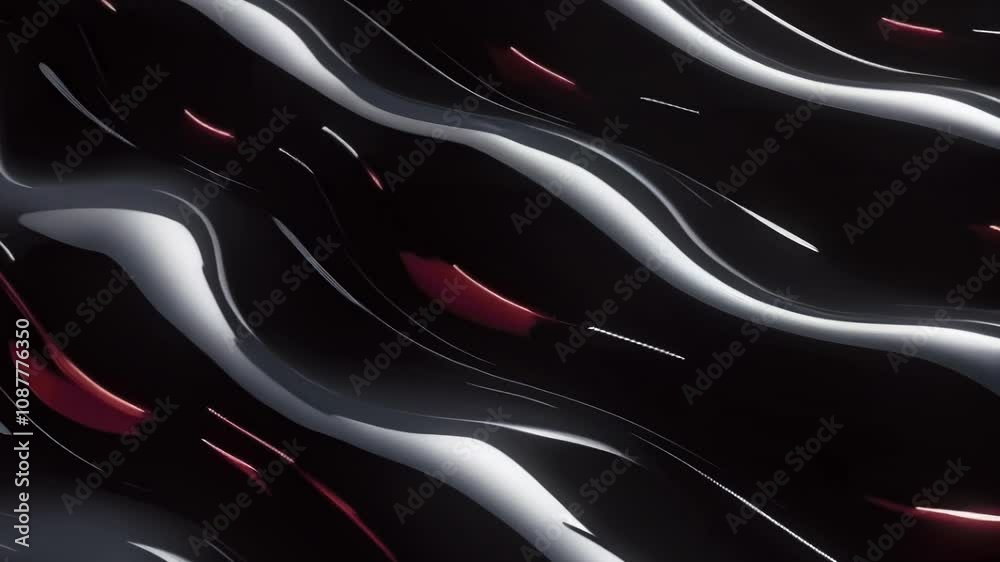 Poster Animation with glossy black waves shimmering with highlights. Red light accents flicker between the waves, adding a sense of movement and mysticism