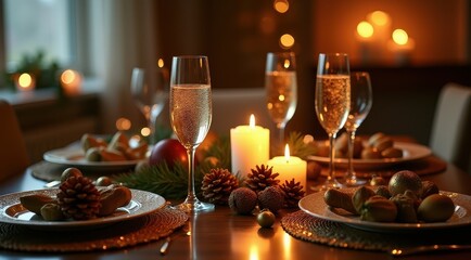 Fototapeta premium Elegant holiday table setting with candles, champagne flutes, pinecones, and festive decor creating a warm, inviting atmosphere